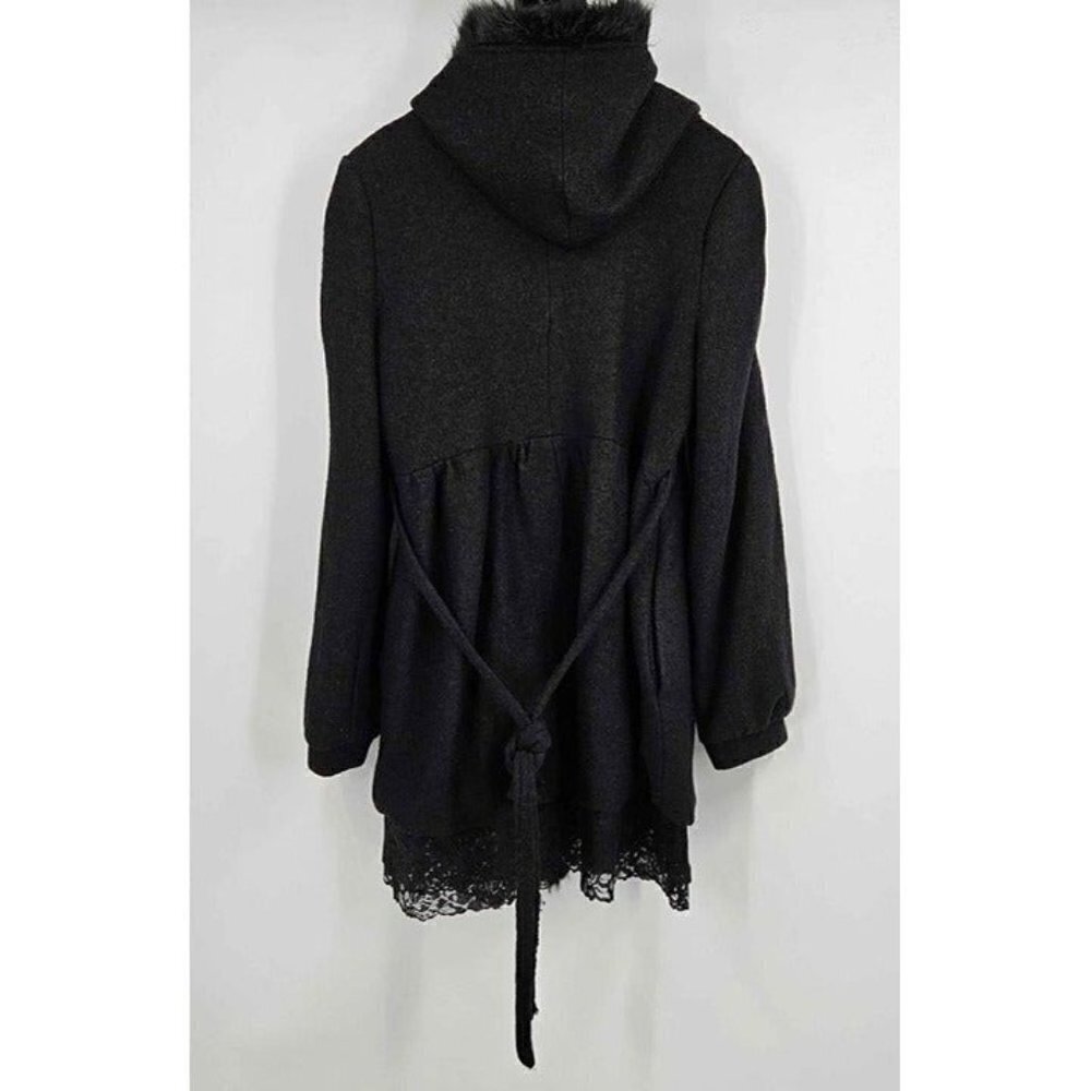 BKE Black Wool Pink Lined Faux Fur Hooded Lace Hem Goth Style Jacket Coat Sz L - Picture 2 of 5